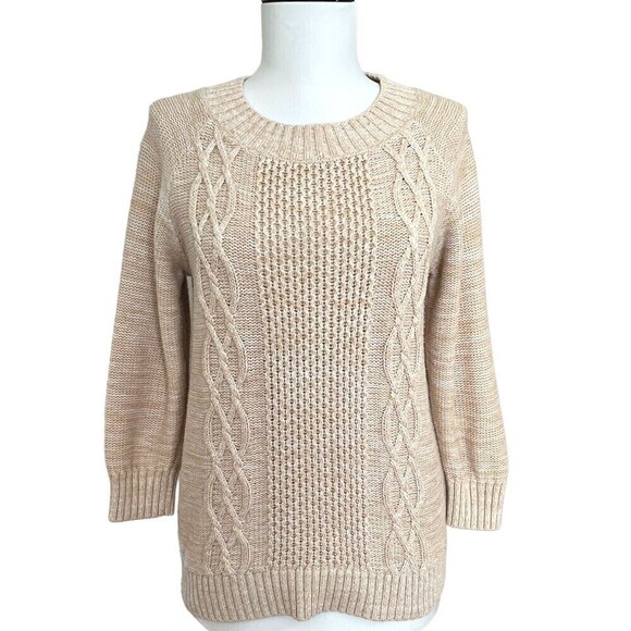LL Bean beige Sweater Small fisherman Cable Knit marled costal preppy - Picture 1 of 10